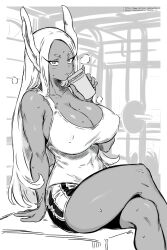 Rule 34 | 1girl, animal ears, boku no hero academia, breasts, cleavage, covered erect nipples, cup, dark skin, drinking, drinking straw, drinking straw in mouth, greyscale, guchapin, gym, highres, holding, holding cup, huge breasts, long eyelashes, long hair, looking at viewer, mirko, monochrome, rabbit ears, rabbit girl, short shorts, shorts, sitting, solo, tank top, toned