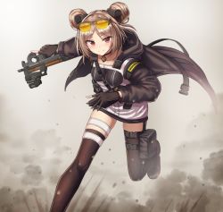 Rule 34 | 1girl, ammunition, bad id, bad twitter id, blush, breasts, buckle, bullet, bullpup, commission, double bun, fn 5.7x28mm, girls&#039; frontline, gun, hair bun, highres, horizontal magazine, light brown hair, medium breasts, p90, p90 (girls&#039; frontline), pdw cartridge, personal defense weapon, red eyes, see-through, short hair, skeb commission, skindentation, smile, snap-fit buckle, solo, submachine gun, thighhighs, translucent, weapon, yakob labo