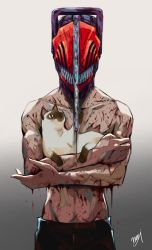Rule 34 | 0da7rizm, 1boy, animal, black pants, blood, blue eyes, cat, chainsaw, chainsaw man, denji (chainsaw man), gradient background, highres, holding, holding animal, looking at another, monster boy, no shirt, pants, sharp teeth, simple background, teeth
