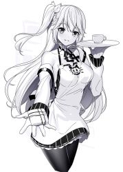 Rule 34 | 1girl, blush, braid, breasts, commentary, cropped legs, cup, detached sleeves, dress, emily stock, greyscale, hair between eyes, hair ribbon, holding, holding plate, long hair, long sleeves, looking at viewer, medium breasts, monochrome, one side up, original, outstretched arm, pantyhose, parted lips, plate, ribbon, ririko (zhuoyandesailaer), simple background, sleeveless, sleeveless dress, smile, solo, symbol-only commentary, teacup, very long hair, white background