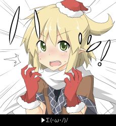 Rule 34 | !, 1girl, black shirt, blonde hair, blush, breasts, brown jacket, christmas, commentary request, eyes visible through hair, green eyes, hair between eyes, half updo, hat, jacket, looking at viewer, mizuhashi parsee, multicolored clothes, multicolored jacket, open mouth, pointy ears, santa hat, scarf, shirt, short hair, short ponytail, short sleeves, simple background, small breasts, solo, suna (sunaipu), touhou, translation request, upper body, white background, white scarf
