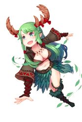 Rule 34 | 1girl, :d, antlers, belt, black footwear, black legwear, blue eyes, boots, breasts, cleavage, fang, foxfoot, full body, green hair, highres, horns, jewelry, long hair, medium breasts, midriff, navel, necklace, official art, open mouth, running, shanti (soccer spirits), smile, soccer spirits, solo, tooth necklace, transparent background, very long hair