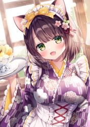 Rule 34 | 1girl, :d, animal ear fluff, animal ears, apron, backlighting, blush, bow, breasts, brown hair, commentary request, day, fang, floral print, frilled apron, frills, green eyes, hair bow, hair ornament, hand up, head tilt, highres, holding, holding tray, indoors, japanese clothes, kimono, looking at viewer, maid, maid headdress, medium breasts, mitsuba choco, open mouth, original, parted bangs, print kimono, purple kimono, smile, solo, tassel, tassel hair ornament, tray, upper body, wa maid, white apron, window, yagasuri, yellow bow