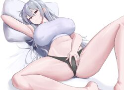 Rule 34 | 1girl, armpits, azur lane, bare legs, black panties, breasts, closed mouth, commentary request, female masturbation, fingering, grey hair, hand in panties, highres, large breasts, lom (lom lom 8), long hair, looking at viewer, lying, masturbation, mole, mole under eye, navel, on back, panties, pillow, red eyes, shirt, solo, sovetskaya rossiya (azur lane), stomach, thighs, underwear, white shirt