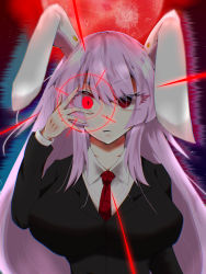 Rule 34 | 1girl, animal ears, black jacket, breasts, formal, hand over eye, highres, imperishable night, jacket, large breasts, long hair, looking at viewer, moon, necktie, night, night sky, pink hair, rabbit ears, red eyes, red moon, red necktie, reisen udongein inaba, shirt, sky, solo, touhou, user jwtz7387, very long hair, white shirt