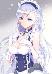Rule 34 | 1girl, azur lane, bare shoulders, belfast (azur lane), blue eyes, braid, breasts, chain, cleavage, collar, commentary, dress, elbow gloves, french braid, gloves, gradient background, hand on own chest, highres, kether, looking at viewer, maid headdress, medium breasts, silver hair, simple background, sleeveless, smile, solo, upper body