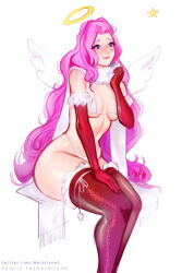 Rule 34 | 1girl, alternate costume, artist name, bare shoulders, bikini, breasts, closed mouth, elbow gloves, feet out of frame, gloves, halo, hand up, highres, league of legends, long hair, medium breasts, merellyne, pink hair, red gloves, red thighhighs, seraphine (league of legends), shiny skin, sitting, smile, solo, star (symbol), swimsuit, thighhighs, watermark, web address, white background, white bikini, wings