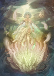 Rule 34 | 1girl, bad id, bad pixiv id, bare shoulders, chitose rin, detached sleeves, dress, fairy, fairy wings, fantasy, green hair, hand on own chest, highres, leaf, looking at viewer, mini person, minigirl, open mouth, original, petals, pointy ears, short hair, solo, strapless, strapless dress, sunlight, thighhighs, white dress, white thighhighs, wings, yellow eyes