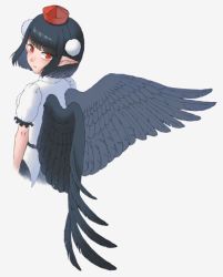 Rule 34 | 1girl, belt, bird wings, black belt, black hair, black skirt, black wings, channel ikihaji, closed mouth, collared shirt, feathered wings, frilled sleeves, frills, hat, looking at viewer, looking back, pointy ears, pom pom (clothes), puffy short sleeves, puffy sleeves, red eyes, red hat, shameimaru aya, shirt, short hair, short sleeves, simple background, skirt, tengu, tokin hat, touhou, upper body, white background, white shirt, wings