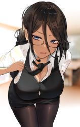Rule 34 | 1girl, adjusting clothes, adjusting necktie, amanda (oni noodle), bad id, bad pixiv id, black vest, blue eyes, blurry, blurry background, braid, breasts, brown hair, cleavage, collared shirt, commentary, cowboy shot, earrings, english commentary, glasses, highres, jewelry, large breasts, leaning forward, long hair, mole, mole under mouth, necktie, oni kanzei, open mouth, original, pantyhose, partially unbuttoned, pencil skirt, shirt, skirt, solo, sweat, sweaty clothes, thigh gap, vest, white shirt