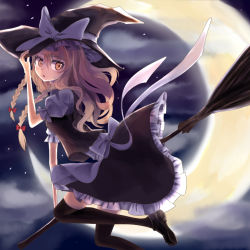 Rule 34 | 1girl, adjusting clothes, adjusting headwear, blonde hair, blouse, bow, braid, broom, broom riding, crescent moon, flying, hair ribbon, hako momiji, hat, hat bow, juliet sleeves, kirisame marisa, long hair, long sleeves, looking back, moon, night, night sky, open mouth, puffy sleeves, ribbon, shirt, shoes, skirt, skirt set, sky, solo, star (sky), starry sky, thighhighs, touhou, twin braids, vest, witch hat, yellow eyes, zettai ryouiki