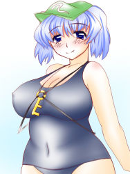 Rule 34 | 1girl, blue eyes, blue hair, breasts, female focus, gomesu, gradient background, hat, huge breasts, kawashiro nitori, key, matching hair/eyes, navel, one-piece swimsuit, plump, short hair, smile, solo, standing, swimsuit, touhou, twintails