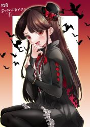 Rule 34 | bat (animal), black skirt, blood, blood on face, blood on hands, blush, border, bow, bowtie, breasts, brown eyes, brown hair, capelet, fang, feet out of frame, frilled skirt, frills, gradient border, hand to own mouth, hat, highres, ichijou-san wa kao ni deyasui, ichijou yae, kasai nao, long hair, looking at viewer, looking to the side, mini hat, nail polish, open mouth, pantyhose, pink nails, red bow, red bowtie, sidelocks, signature, sitting, skirt, sleeves past wrists, small breasts, smile, solo, vampire, wariza