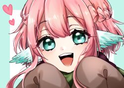 Rule 34 | 1girl, 46ren, blush, close-up, feathers, green eyes, happy, harpy, harpy (maou-jou de oyasumi), head wings, heart, looking at viewer, maou-jou de oyasumi, monster girl, open mouth, pink hair, simple background, sleeves past fingers, sleeves past wrists, smile, solo, solo focus, wings