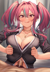 Rule 34 | 1boy, 1girl, :q, absurdres, azur lane, blush, breasts, breasts squeezed together, bremerton (azur lane), cardigan, censored, collared shirt, cum, cum on body, cum on breasts, cum on upper body, earrings, green nails, hair between eyes, heavy breathing, hetero, highres, huge breasts, jewelry, long hair, looking at viewer, mole, mole on breast, mole under eye, momo no sukebe, mosaic censoring, multicolored hair, multiple earrings, nail polish, paizuri, paizuri under clothes, penis, pink eyes, pink hair, pov, shirt, solo focus, streaked hair, sweat, tongue, tongue out, twintails, white shirt