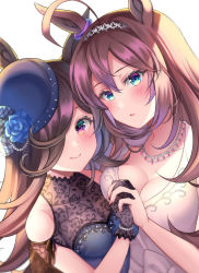 2girls animal_ears blush bow breasts brown_hair cleavage gloves green_bow hair_over_one_eye hat highres holding_hands horse_ears interlocked_fingers jewelry lace lace_gloves medium_breasts mihono_bourbon_(umamusume) multiple_girls necklace pink_eyes rice_shower_(umamusume) simple_background small_breasts smile umamusume upper_body white_background yukinimaru yuri