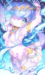 Rule 34 | 1girl, animal ears, arm up, bikini, blue hair, blurry, blurry foreground, blush, breasts, closed mouth, commentary, covered erect nipples, depth of field, green eyes, hair over one eye, highres, kito (sorahate), looking at viewer, navel, small breasts, smile, solo, standing, swimsuit, symbol-only commentary, tail, water, white bikini