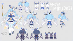 Rule 34 | 1girl, :d, animal, antlers, arrow (symbol), black shorts, blue capelet, blue cloak, blue eyes, blue footwear, blue hair, blue thighhighs, blush stickers, capelet, character name, chibi, cloak, closed mouth, clothed animal, commentary request, earrings, fake antlers, fur collar, glowing, gradient hair, grey background, hakusai (tiahszld), hat, hatsune miku, highres, holding, holding staff, horns, jewelry, leg warmers, long hair, long sleeves, looking at viewer, mini hat, multicolored hair, multiple views, open mouth, puffy long sleeves, puffy sleeves, rabbit, rabbit yukine, reindeer antlers, shirt, shoes, short shorts, shorts, simple background, smile, snowflakes, staff, striped clothes, striped headwear, thighhighs, tilted headwear, translation request, twintails, vertical-striped clothes, vertical-striped headwear, very long hair, vocaloid, white hair, white shirt, yuki miku, yuki miku (2021) (applicant)