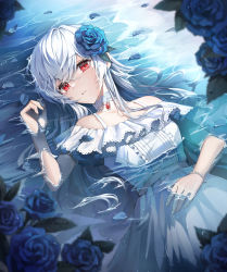 Rule 34 | 1girl, blue flower, blue rose, blush, breasts, choker, collarbone, commentary request, dress, flower, gem, hair flower, hair ornament, hand up, highres, in water, long hair, looking at viewer, lying, off-shoulder dress, off shoulder, original, parted lips, partially submerged, plus1024, red eyes, rose, short sleeves, small breasts, solo, water, white dress, white hair