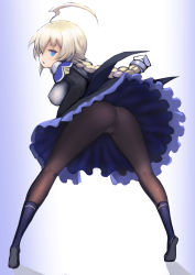 Rule 34 | 1girl, absurdres, ahoge, arc system works, ass, blazblue, blazblue: central fiction, blonde hair, blue eyes, braid, breasts, cameltoe, dress, es (xblaze), from behind, highres, johan (johan13), large breasts, leaning, leaning forward, long hair, looking at viewer, looking back, open mouth, panties, panties under pantyhose, pantyhose, shiny clothes, sideboob, single braid, solo, underwear, upskirt, very long hair, xblaze, xblaze code: embryo