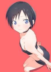 Rule 34 | 1girl, absurdres, ass, black hair, blue eyes, breasts, choker, female focus, highres, kurosaki honoka, looking at viewer, oze (xyz go go11), red background, short hair, simple background, sitting, small breasts, solo, strapless, tube top, yama no susume