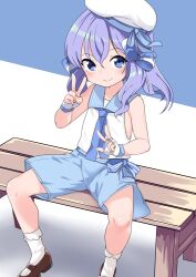 Rule 34 | 1girl, bench, blue bow, blue eyes, blue necktie, blue sailor collar, blue shorts, blush, bobby socks, bow, brown footwear, closed mouth, commentary request, double v, fingerless gloves, flat chest, full body, gloves, hair bow, kantai collection, langley (kancolle), looking at viewer, mary janes, medium hair, nassukun, necktie, official alternate costume, on bench, purple hair, sailor collar, shirt, shoes, shorts, sitting, sleeveless, sleeveless shirt, smile, socks, solo, spread legs, v, variant set, w, white gloves, white headwear, white shirt, white socks, wooden bench