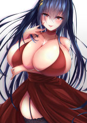 Rule 34 | 1girl, absurdres, ahoge, arm under breasts, azur lane, black hair, black thighhighs, breasts, choker, cleavage, cocktail dress, dress, garter straps, hair ornament, highres, huge breasts, long hair, looking at viewer, neusora (neusora aratan), official alternate costume, open mouth, red choker, red dress, red eyes, solo, taihou (azur lane), taihou (forbidden feast) (azur lane), thighhighs, very long hair