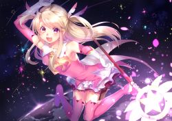 Rule 34 | 1girl, absurdres, blonde hair, boots, collarbone, detached sleeves, fate/kaleid liner prisma illya, fate (series), gloves, highres, illyasviel von einzbern, kaleidostick, kirushi (killcy), long hair, magical girl, magical ruby, open mouth, pink eyes, pink footwear, prisma illya, solo, staff, thigh boots, thighhighs, two side up, white gloves
