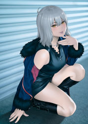 Rule 34 | 1girl, ahoge, black dress, black footwear, black panties, blue coat, blue jacket, boots, breasts, coat, dress, fate/grand order, fate (series), full-length zipper, fur-trimmed coat, fur-trimmed jacket, fur-trimmed sleeves, fur trim, highres, jacket, jeanne d&#039;arc (fate), jeanne d&#039;arc alter (fate), jeanne d&#039;arc alter (ver. shinjuku 1999) (fate), knee boots, large breasts, lips, lipstick, makeup, medium hair, nail polish, off-shoulder jacket, off shoulder, official alternate costume, on one knee, open clothes, open coat, open jacket, panties, pantyshot, short dress, silver hair, solo, underwear, wicked dragon witch ver. shinjuku 1999, yellow eyes, zipper, zonda (solid air)