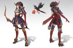 Rule 34 | 1girl, alternate costume, ashe (league of legends), bird, boots, breasts, brown hair, character sheet, crow, fake horns, fingerless gloves, flying, gloves, gold gloves, gradient background, highres, horns, japanese clothes, league of legends, linger ftc, medium breasts, medium hair, multiple views, oni horns, open hand, ponytail, red eyes, single fingerless glove, thigh boots, thighhighs