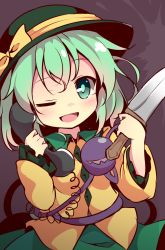 Rule 34 | 1girl, ;d, baku-p, blush, bow, green eyes, green hair, green hat, green skirt, hat, hat bow, highres, holding, holding knife, knife, komeiji koishi, long sleeves, looking at viewer, one eye closed, open mouth, phone, shirt, short hair, skirt, smile, solo, talking on phone, third eye, touhou, upper body, yellow bow