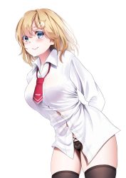 Rule 34 | 1girl, absurdres, arms behind back, black panties, black thighhighs, blonde hair, blue eyes, blush, breasts, button gap, buttons, hair ornament, highres, hololive, hololive english, large breasts, looking at viewer, loose necktie, mustache print, necktie, panties, red necktie, shirt, short hair, simple background, smile, solo, thighhighs, underwear, virtual youtuber, watson amelia, watson amelia (1st costume), white background, white shirt, zuharu