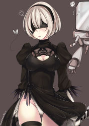 Rule 34 | 1girl, bad id, bad pixiv id, black dress, blindfold, breasts, bug, butterfly, cleavage, cosmicsnic, dress, hair over one eye, highres, holding, bug, mole, mole under mouth, nier (series), nier:automata, parted lips, pod (nier:automata), silver hair, sweat, sword, weapon, 2b (nier:automata)