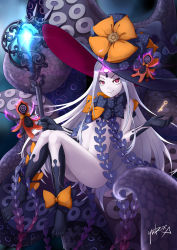 Rule 34 | &gt;:), 1girl, abigail williams (fate), abigail williams (third ascension) (fate), absurdres, ass, black bow, black gloves, black hat, black socks, blurry, blurry foreground, bow, closed mouth, commentary request, depth of field, elbow gloves, fate/grand order, fate (series), full body, gloves, glowing, hat, hat bow, highres, holding, holding key, key, kneehighs, long hair, looking at viewer, navel, nude, orange bow, oversized object, pale skin, parted bangs, print bow, red eyes, revealing clothes, signature, silver hair, skull print, smile, socks, solo, star (symbol), star print, suction cups, tentacles, v-shaped eyebrows, very long hair, witch hat, yuber.x