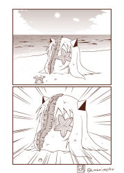 Rule 34 | (o) (o), 10s, 1girl, 2koma, abyssal ship, beach, comic, commentary request, contemporary, crab, emphasis lines, highres, horns, kantai collection, long hair, mittens, monochrome, moomin, muppo, northern ocean princess, sand, sazanami konami, seaweed, solo, twitter username, water