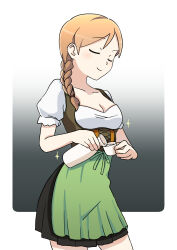 Rule 34 | 1girl, absurdres, apron, bottle, braid, breasts, cleavage, closed eyes, commentary request, cowboy shot, cup, dirndl, dress, ennui orz, german clothes, hair behind ear, highres, medium breasts, orange hair, original, pleated dress, pouring, sake bottle, short dress, side braid, smile, solo, sparkle, underbust, waist apron