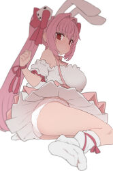 Rule 34 | 1girl, animal ears, bare shoulders, blush, bow, breasts, choker, closed mouth, di gi charat, dice, dice hair ornament, dress, hair ornament, highres, large breasts, long hair, looking at viewer, off-shoulder dress, off shoulder, panties, pink hair, rabbit ears, red eyes, ribbon, ribbon choker, simple background, socks, solo, sumiyao (amam), twintails, underwear, usada hikaru, white background, white panties, white socks, wrist bow, wrist ribbon