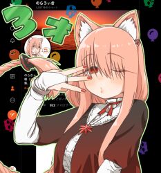 Rule 34 | 1girl, animal ear fluff, animal ear piercing, animal ears, blush, breasts, bridal gauntlets, cat ears, cat girl, commentary request, earclip, finger counting, frilled shirt collar, frills, gloves, green outline, hair floating upwards, hair over eyes, half-closed eye, hand up, jacket, large breasts, layered sleeves, long eyelashes, long hair, long sleeves, looking at viewer, low-braided long hair, low-tied long hair, mass production nora cat, neck ribbon, nora cat channel, okui misohiko, one eye closed, outline, pink hair, puckered lips, red eyes, red jacket, red nails, red ribbon, ribbon, ringed eyes, screenshot background, shirt, short over long sleeves, short sleeves, sidelocks, solo, tareme, twitter, upper body, very long hair, white gloves, white shirt, wiki cat