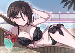Rule 34 | 1girl, asymmetrical hair, bang dream!, bare shoulders, beach chair, bendy straw, bikini, black bikini, black hair, breasts, bug, butterfly, butterfly ornament, cleavage, collarbone, cowboy shot, crazy straw, crossed legs, drinking straw, earrings, eyebrows hidden by hair, eyeshadow, fence, flower, front-tie bikini top, front-tie top, hand in own hair, hibiscus, highres, holding chair, insect, jewelry, kitayu, large breasts, legs, light smile, looking at viewer, makeup, morfonica, navel, necklace, palm tree, pillow, poolside, purple eyes, reclining, red eyeshadow, short hair, side-tie bikini bottom, single earring, single sidelock, sitting, solo, stomach, swimsuit, table, thighs, tree, tropical drink, yashio rui