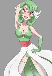 Rule 34 | 1girl, :d, absurdres, angelandro27, arm up, armpits, blush, breasts, cleavage, collarbone, contrapposto, cowboy shot, creatures (company), elbow gloves, game freak, gardevoir, gen 3 pokemon, gloves, green hair, green leotard, hand on own hip, highres, large breasts, leotard, looking at viewer, medium breasts, multicolored hair, nintendo, open mouth, personification, pokemon, pokemon (creature), red eyes, short hair, simple background, skirt, sleeveless, smile, solo, standing, thighhighs, two-tone hair, white skirt