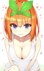 Rule 34 | 1girl, absurdres, blue eyes, breasts, cleavage, collarbone, go-toubun no hanayome, green hairband, hairband, heart, highres, large breasts, looking at viewer, nakano yotsuba, orange hair, shirt, short hair, simple background, smile, solo, tank top, white background, white shirt, wht innov