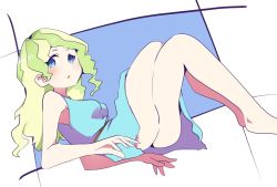 Rule 34 | 1girl, bare legs, barefoot, blue dress, blue eyes, blush, breasts, diana cavendish, dress, eyes visible through hair, full body, hys-d, knees up, light green hair, little witch academia, long hair, looking at viewer, multicolored hair, no panties, parted lips, sleeveless, sleeveless dress, solo, two-tone hair