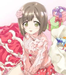 Rule 34 | 1girl, :3, bag, brown hair, carpet, commentary request, fang, flower, gift, green eyes, hair flower, hair ornament, idolmaster, idolmaster cinderella girls, jewelry, kuroi mimei, lace, lace-trimmed skirt, lace trim, long sleeves, looking at viewer, maekawa miku, necklace, open mouth, oversized object, pink sweater, print skirt, red skirt, short hair, sitting, skirt, smile, socks, solo, sweater, turtleneck, v arms, wariza, white socks