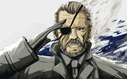Rule 34 | 1boy, androth, beard, big boss, blue eyes, cloak, crying, eyebrows, eyepatch, facial hair, formal, green hair, lips, looking at viewer, male focus, metal gear (series), metal gear solid 4: guns of the patriots, necktie, nose, old, old man, salute, simple background, smoke, solo, tears