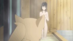 Rule 34 | 10s, 1girl, ^ ^, animal, animated, animated gif, bath, black hair, blood-c, breasts, bucket, censored, closed eyes, convenient censoring, dog, closed eyes, hair ornament, hairpin, kisaragi saya, nude, smile, standing, steam, tail, tail wagging, water