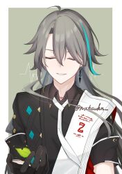 Rule 34 | black gloves, black shirt, blue hair, cardiogram, character request, closed eyes, collared shirt, commentary request, facing viewer, gloves, grey background, grey hair, hair between eyes, hand up, honkai (series), honkai impact 3rd, leaf, long hair, multicolored hair, natsukn, parted lips, shirt, short sleeves, solo, streaked hair, two-tone background, upper body, very long hair, white background