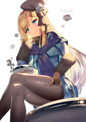 Rule 34 | 1girl, beret, blonde hair, blue dress, blush, bow, brown bow, brown gloves, brown hat, brown pantyhose, closed mouth, commentary request, copyright name, crossed legs, dress, fate/grand order, fate (series), flower, fur-trimmed sleeves, fur trim, glint, gloves, green eyes, grey flower, grey rose, hair bow, hair flower, hair ornament, hat, head tilt, long hair, long sleeves, looking at viewer, lord el-melloi ii case files, pantyhose, reines el-melloi archisorte, rose, simple background, sleeves past wrists, smile, solo, tilted headwear, very long hair, volumen hydragyrum (fate), white background, yoshimoto (dear life)
