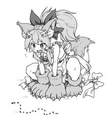 Rule 34 | 1girl, all fours, animal ear fluff, animal ears, animal feet, animal hands, ant, apron, bare shoulders, bell, blush, bow, breasts, bug, cat hair ornament, claws, commentary request, fang, fate/grand order, fate (series), full body, greyscale, hair bow, hair ornament, hair ribbon, highres, insect, kusama takato, long hair, looking down, monochrome, naked apron, neck bell, open mouth, ponytail, ribbon, sidelocks, simple background, sleeveless, smile, solo, squatting, tamamo (fate), tamamo cat (fate), tamamo cat (third ascension) (fate), tongue