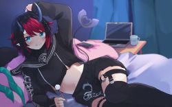 Rule 34 | 1girl, absurdres, bed, black hair, black sailor collar, black serafuku, black shirt, black skirt, black thighhighs, blue eyes, blue neckerchief, blush, breasts, bridal garter, cellphone, commentary request, computer, crop top, demon girl, demon horns, demon tail, hand in own hair, highres, horns, indoors, laptop, long sleeves, looking at viewer, lying, medium breasts, midriff, mimikaki, multicolored hair, nanashi inc., neckerchief, unworn neckerchief, no headwear, official alternate costume, on side, phone, pointy ears, red hair, ryugasaki rene, ryugasaki rene (3rd costume), sailor collar, school uniform, serafuku, shirt, short hair, skirt, smartphone, solo, sugar lyric, tail, thighhighs, two-tone hair, underboob, virtual youtuber, zono (inokura syuzo029)