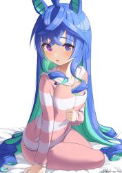 Rule 34 | 1girl, @ @, ahoge, animal ears, bed sheet, blue eyes, blue hair, blush, collarbone, commentary request, dated, hair down, heterochromia, highres, hirota fruit, hood, hood down, hooded jacket, horse ears, jacket, long hair, looking at viewer, pants, parted lips, pink pants, purple eyes, simple background, solo, striped clothes, striped jacket, twin turbo (umamusume), twitter username, umamusume, very long hair, white background